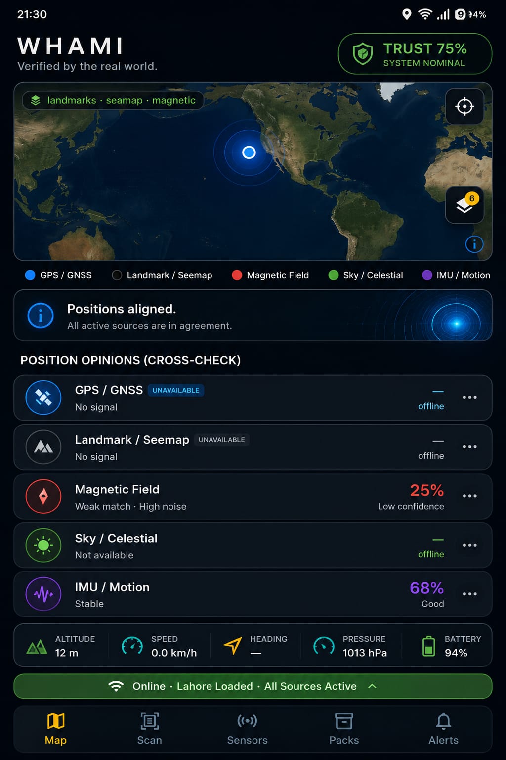 WHAMI mobile app showing fused positioning signals